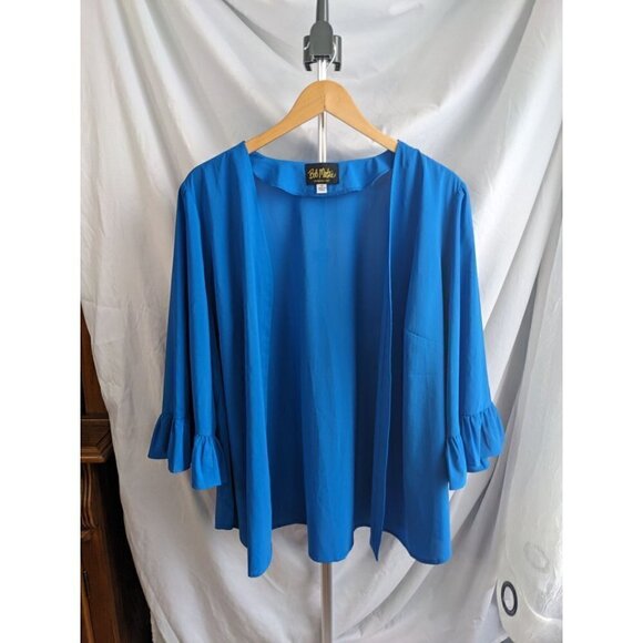 Bob Mackie Sweaters - Vintage 90s BOB MACKIE Wearable Art Cerulean Open Cardigan Ruffle Sleeve Size 1X